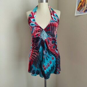 Vintage Y2K Silk Velvet Halter Top Tie Peacock Maximalist Glam Party Going Out M